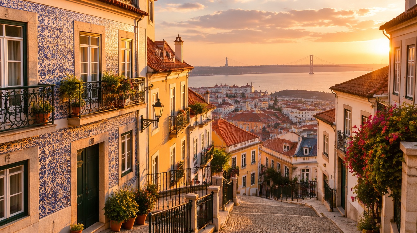 Rua tradicional de Lisboa ao final da tarde, com azulejos e vista sobre o Tejo